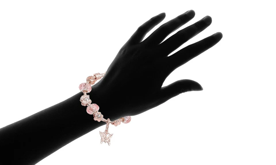 18K Rose Gold Plated Pink Crystal Butterfly Charm Bracelet Made With Swarovski  - Image 2 of 2