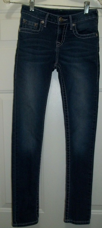 True Religion World Tour Girls Skinny Big T Jeans Sz 12 Blue Denim Heavy Stitch