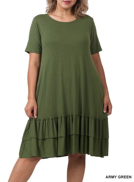 Zenana Women's Plus Sz 1X Army Green Short Sleeve Ruffle Hem Dress with  Pockets | eBay