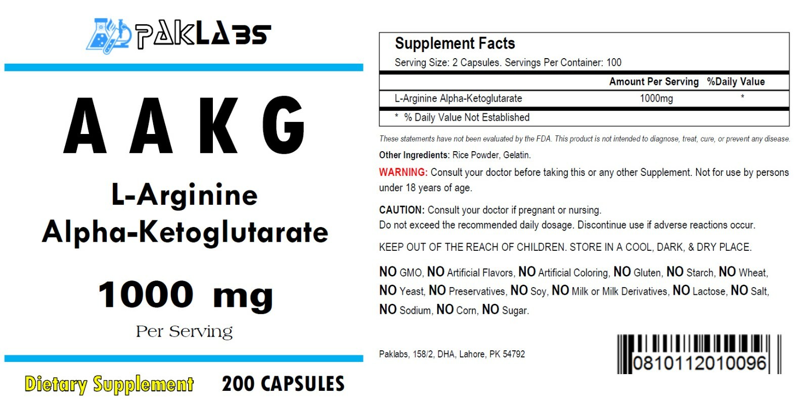 AAKG LArginine AlphaKetoglutarate 1000mg Serving 200 Capsules HUGE