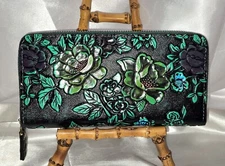 Luxibaobei Faux Embossed Leather Green Teal Floral Pattern Zip Around 8 CC Slots