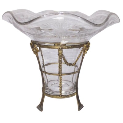 BEAUTIFUL Antique  CRYSTAL Vase w brass stand Flower Pattern - Rare Find!
