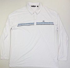 Travis Mathew Sz 2XL Men White Blue Gray Stripe Chest Neck Logo Long Sleeve Polo