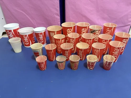 COCA COLA Coke Wax Paper (some plastic) Cups Vintage Various Sizes (34 Total)