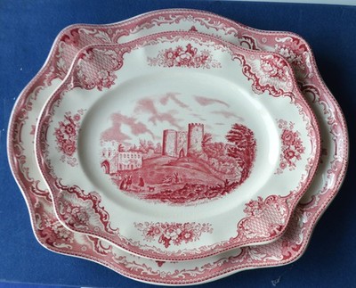 Top Johnson Bros Old Britain Castles pink rot 2 Servierplatten 34 x 29 + 29 x 24