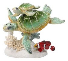 Green Sea Turtles Family Swimming By Coral Reef Sea Anemone Clownfish Figurine