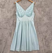 Vintage 60s Women's 38 Baby Blue Tricot Nylon Lace Midi Nightgown Feminine