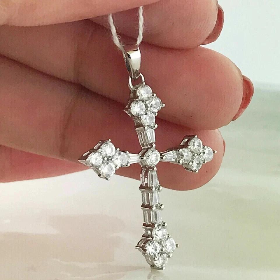 Collar Cruz Diamante, Collar Cruz Oro Sólido 14k, Colgante Diamante Redondo Foto 2 de 4