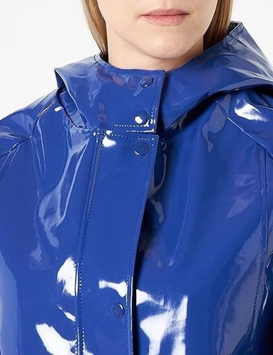NEW Blue PVC Vinyl womens Shinny trench long Coat Waterproof Winters Jacket UK - Picture 2 of 5