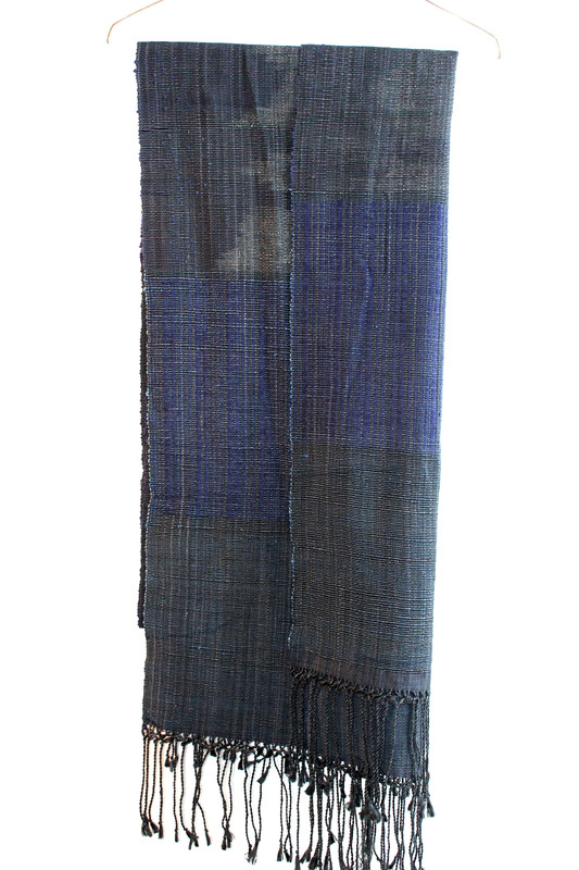 Collectors Amazing Lao Design / Urban Zen Long Silk Ikat Black Blue Scarf Runner