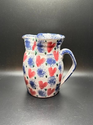 VTG Susan Leader Pottery VT Redware Spongeware Pitcher Hearts Checkers Signed