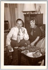 Vtg B&W Snapshot Couple In Home Setting With Food 1950s