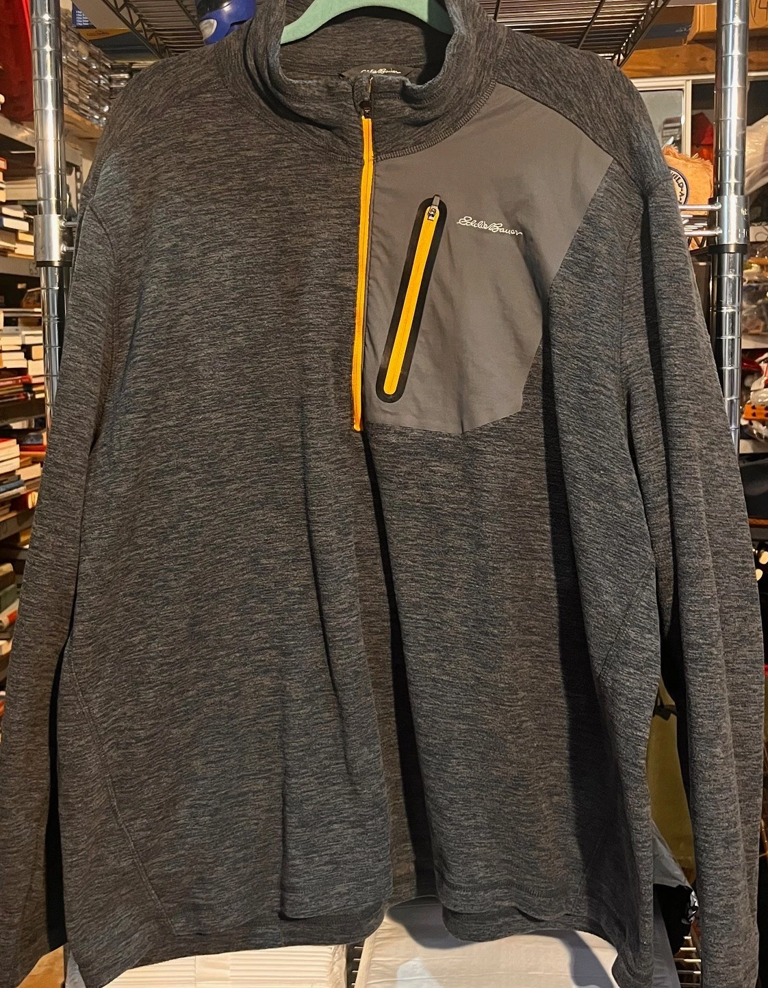 Eddie Bauer Fleece Pullover Jacket Men’s XXL – Gray with Yellow Trim Zip Chest