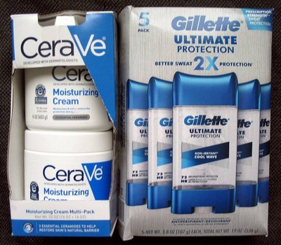 Lot of 8 Gillette antiperspirant sticks & 2 large jars of CeraVe moisturizer