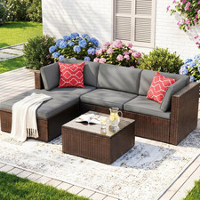 5-Piece PE Rattan Patio Furniture Set Tempered Glass Table 330LBS 4-Seat Gray