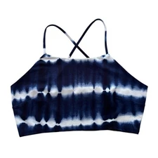 Venus Women’s Med Blue White Tie Dye Print Halter Criss Cross Back Crop Top Boho