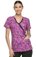 Dickies DK714 Black Pink Floral Print Stretch Mock Wrap Scrub Medical Top S NWT
