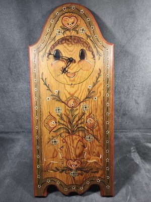 Vtg Whimsical Wooden Hand Painted Wall Clock/Hearts/Flowers/Deer/Cottage/WORKS