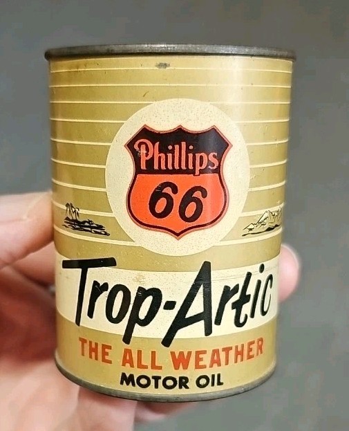 VINTAGE PHILLIPS 66 TROP-ARTIC MOTOR OIL CAN Tin BANK. ROUGH BUT COOL!
