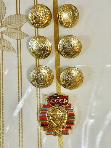 VTG MILITARY Soviet General's Buttons 6 Pieces + USSR BADGE PIN Hammer ...