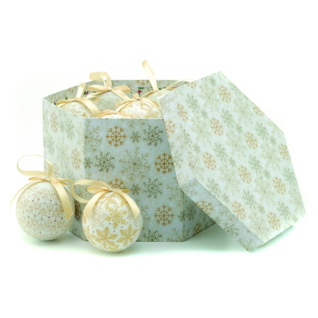 Set 14 Cream & Gold Snowflake patterned Decoupage Christmas tree Baubles