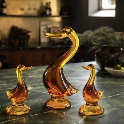 Viking Glass Amber Duck Set Epic MCM Art Glass Duck Figurines Set