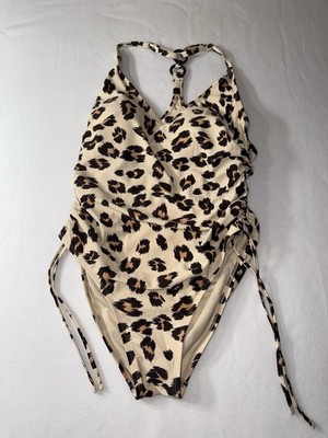 KONA SOL Swimsuit Women's Large Leopard Print One Piece Exposed Razor Back