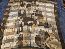 Picasso-Style Geometric Square Scarf Polyester Olive Black Gold Women