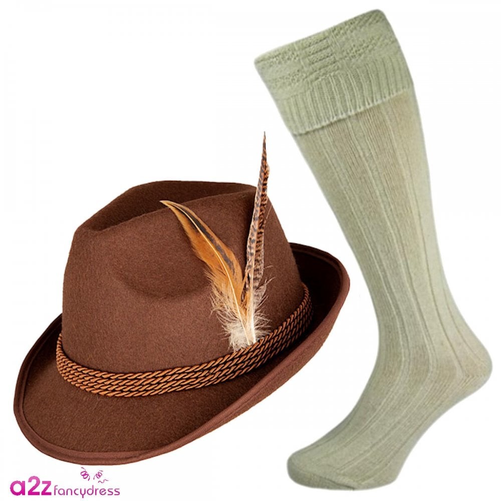 Adult Bavarian Oktoberfest Hat + Cream Wool Socks Beer Festival Stag Fancy Dress