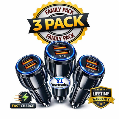 3 Pack 2 USB Port Fast Car Charger Adapter for iPhone Samsung Android Cell Phone