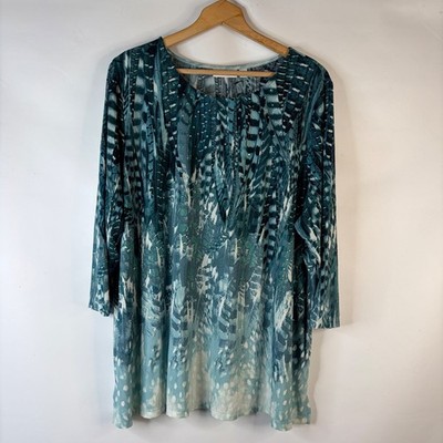 Susan Graver Tunic Top Women 3X Teal Feather Print Rhinestone Liquid Knit