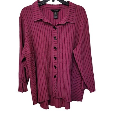 Ali Miles PXL Magenta Black Stripe Textured Button Up Shirt Top Lace Up Cuff