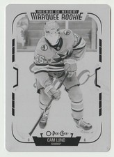 2025-26 O-PEE-CHEE MARQUEE ROOKIE BLACK PRINTING PLATE 1/1 CAM LUND SHARKS #555