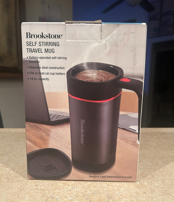 Brookstone Self-Stirring Insulated 14 oz Stainless Travel Mug, Drink-Through Lid