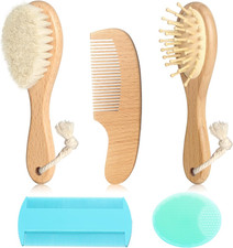 Goat Baby Hair Brush Set, Wooden Comb Massage Scalp Comb, Safe Natural Hair Care