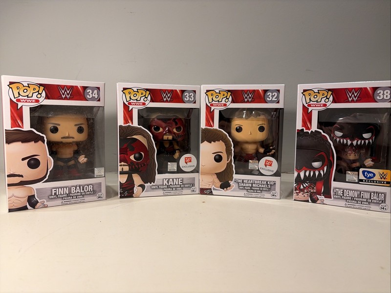 Rare and Retired WWE POP Set of 4 , Finn x 2 , Kane And Shawn
