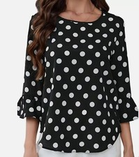 NWT Classic Black and White Polka Dot Bell Sleeve Blouse Sizes M, L, XL