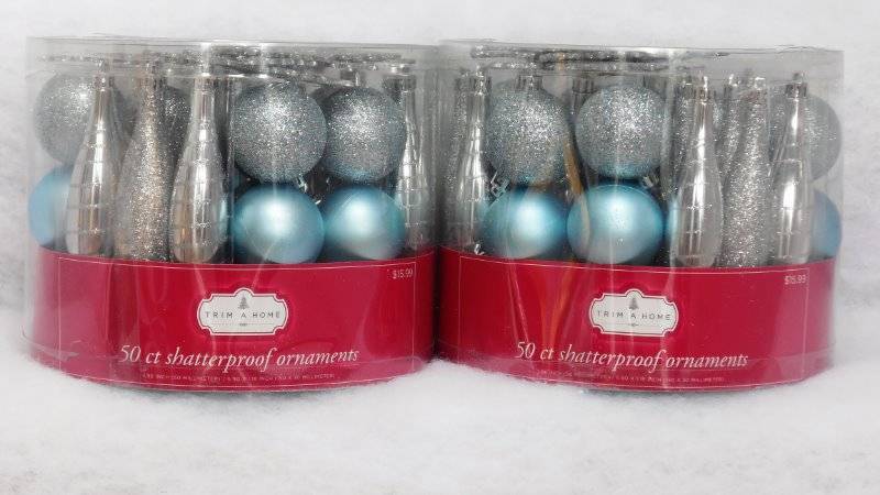 Trim A Home ~ 100 Shatterproof Light  Blue and Silver Ornaments ~ NIB