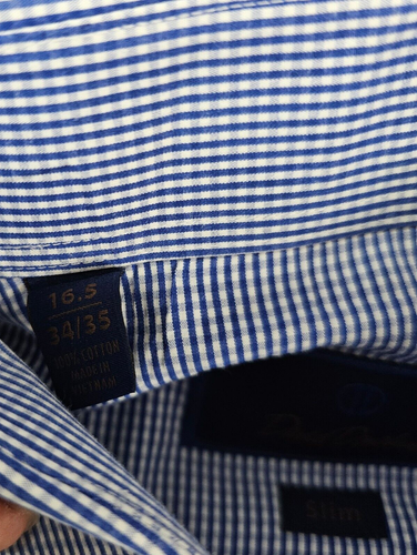 David Donahue Dress Shirt Mens 16.5 34/35 Blue Gingham Woven Cotton Button Up - Picture 5 of 12