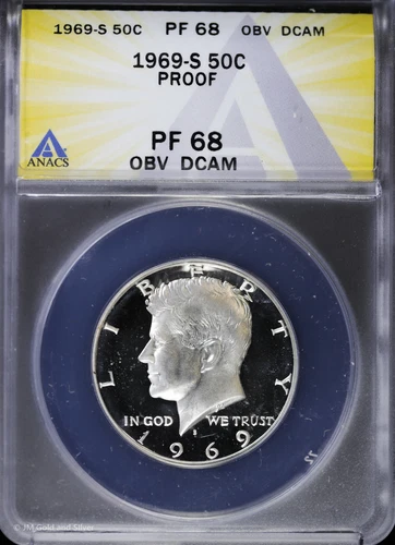 1969-S 50c Proof Kennedy Silver Half Dollar ANACS PF 68 OBV DCAM | Deep Cameo PR