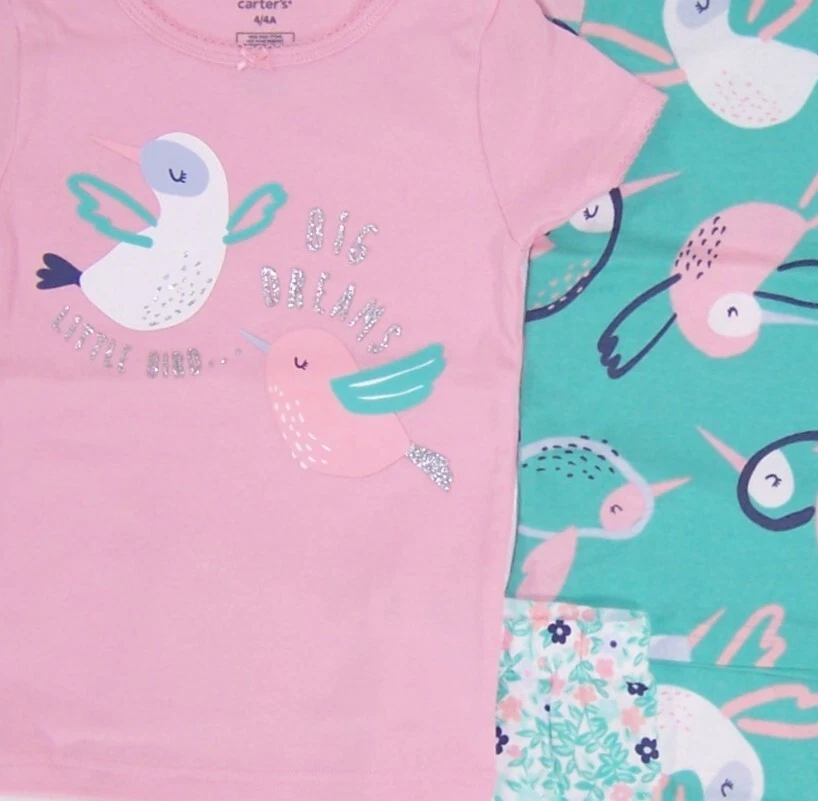 Conjunto de pijama Carters meninas tamanho 4 4 peças ajuste confortável novo com etiquetas camisa e shorts - Imagem 2 de 3