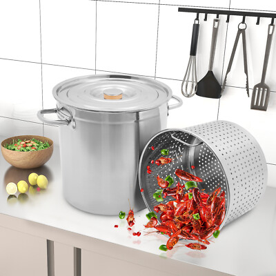37 QT Stainless Steel Seafood Boil Pot With Basket Heavy Duty Cooking Pot W/ Lid