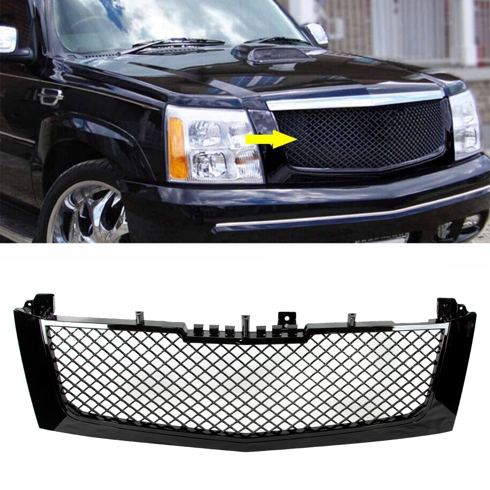 Front Bumper Grille Mesh grill Fit 2002-2006 Cadillac Escalade EXT ESV Gloss BLK