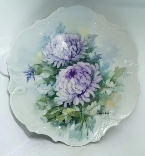 Vtg.Hd Painted Porcelain 2 Purple Chrysanthemums Plate Signed. Hanging/Mounting - Picture 2 of 21