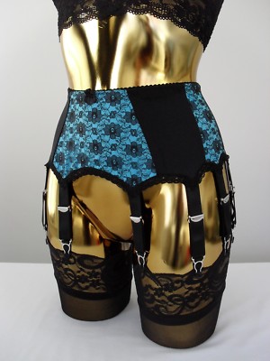 Med-XL 14 Riemen Türkis Lycra Schwarz Spitze Designer Retro Burlesque Strapsgürtel
