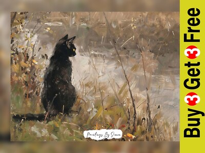Schwarze Katze sitzt an einem Fluss, Ölgemälde Druck 5''x7'' auf mattem Papier