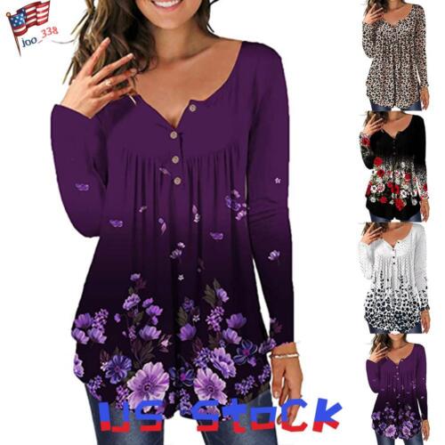 Plus Size Women Floral Long Sleeve Tops Ladies Casual Loose Print Blouse T Shirt