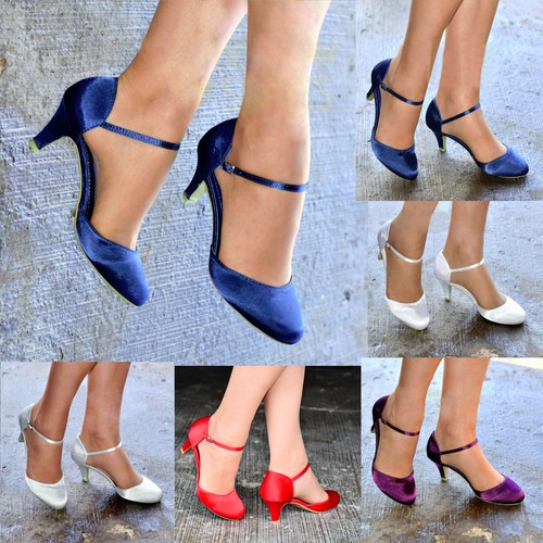 WOMENS SATIN LOW KITTEN HEEL FULL TOE 