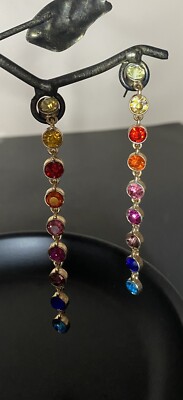 Rainbow Drop Rhinestone Statement Post Earrings Dangle 3.5 