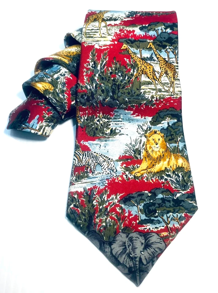 复古男式丝绸领带 Pierre Cardin 狮子野生动物大象长颈鹿 Saffari 美国 — 第 2/4 张图片
